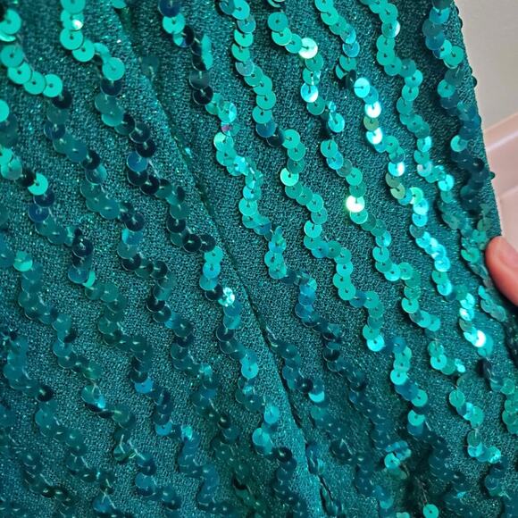 Vintage 80s Teal Sequin Embellished Sleeveless V Neck Mermaid Maxi Dress - Picture 6 of 16